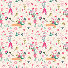 Seamless pattern with a hand holding a bouquet of wild flowers, berries, leaves. Floral pattern can be used as textile, fabric, wallpaper, banner, etc. Vector