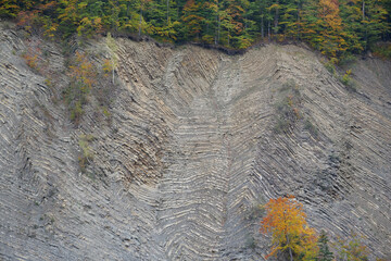 Geological mountain folds in Yaremche city, Ukraine, known as Yaremche folds