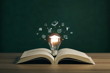 E-learning graduate certificate program concept. lightbulb on the book with graduation hat, and...
