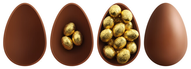 Happy Easter chocolate egg nest with golden wrapped little eggs inside. Isolated on transparent...
