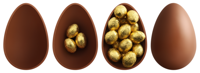 Happy Easter chocolate egg nest with golden wrapped little eggs inside. Isolated on transparent background. Template for label, promotional business banner or ticket sale price
