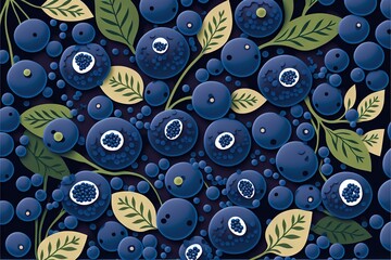  a blueberry pattern with leaves and berries on a dark background with a blue background and a green leafy branch on the left side.  generative ai