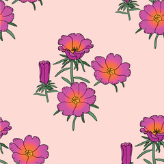 Seamless floral pattern retro vintage inspiration. Pink and orange flowers, ideal for printing on fabric, objects, wallpaper, digital use. Vector illustration.