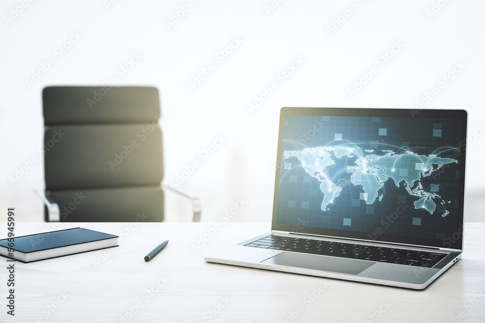 Leinwandbilder Computer monitor with abstract graphic digital world map with connections, globalization concept. 3D Rendering