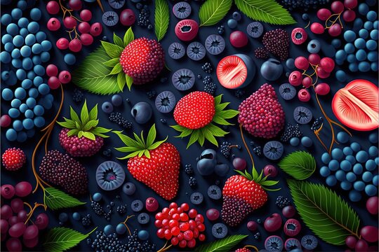  a painting of berries, raspberries, and blueberries on a black background with leaves and berries on the bottom of the image.  generative ai