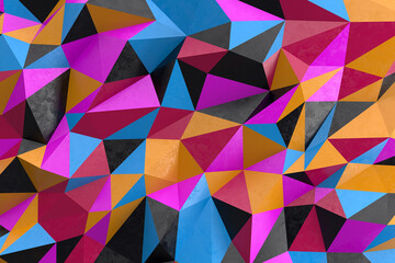 Low poly background in the form of multi-colored polygons. Wall decor for painted plaster. Bright style. 3d illustration.
