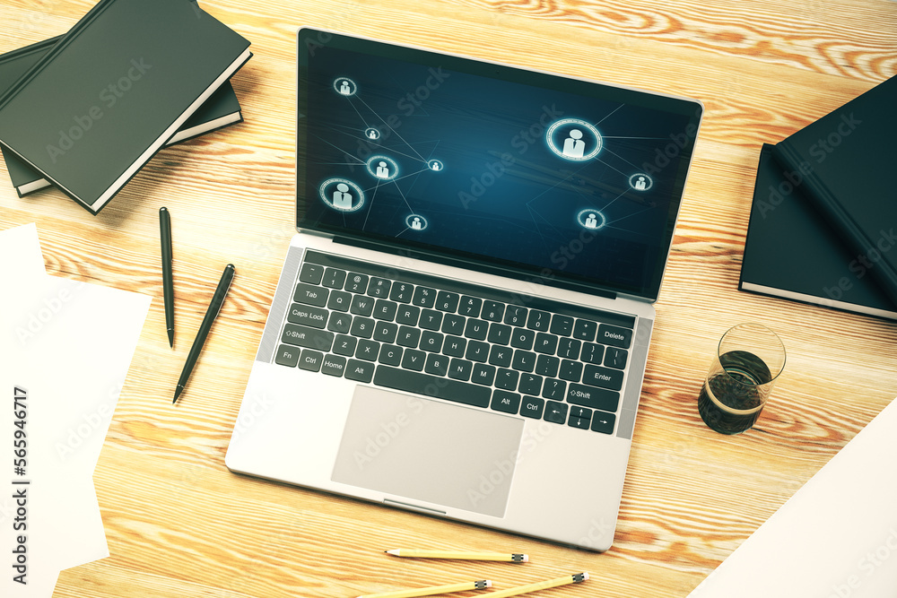 Aufkleber Modern computer display with social network icons concept. Networking concept. 3D Rendering