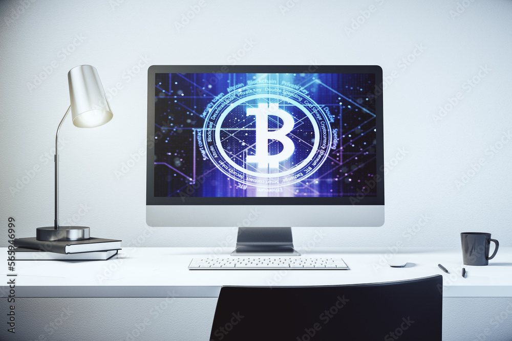 Poster Modern computer monitor with creative Bitcoin symbol. Cryptocurrency concept. 3D Rendering