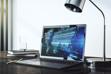 Abstract graphic world map on modern laptop screen, connection and communication concept. 3D Rendering