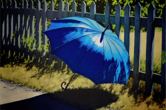  A Blue Umbrella Is Leaning Against A Fence In The Sun, With A Shadow Of A Person Holding An Umbrella In The Grass Behind It.  Generative Ai