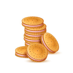 Crackers stack. Realistic sweet sandwich crackers with pink cream layer, strawberry flavor biscuits, crispy pastries, sugar snack, 3d isolated composition, utter vector concept
