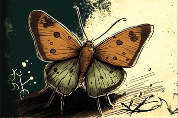  a butterfly with a brown and yellow wings and a black and white background with a green spot on the wing and a black and white spot on the wing.  generative ai