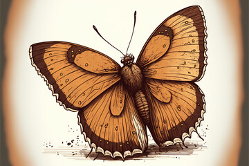  a drawing of a butterfly with a brown and white background and a brown border around it's edges and a white background with a brown border around the edges.  generative ai