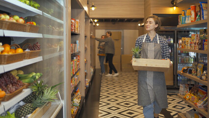 Portrait of people working, shopping in a supermarket or retail minimart shop and food on grocery...