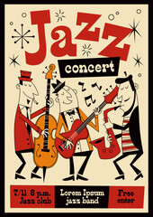 Jazz music festival poster. Live concert invitation, professional musicians with instruments, group performance in club, saxophonist and guitarist, tidy vector cartoon flat concept