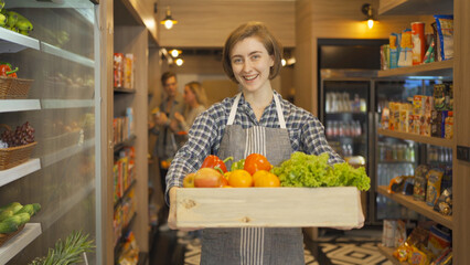 Portrait of people working, shopping in a supermarket or retail minimart shop and food on grocery products. Food shopping. People lifestyle. Business service.
