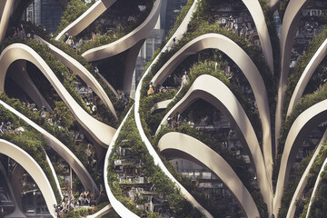 Naklejka na ściany i meble Splendid environmental awareness city with vertical forest concept of metropolis covered with green plants. Civil architecture and natural biological life combination. Digital art generative AI.