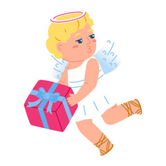 Cute Cupid Character With Gift Box, Illustration, Transparent