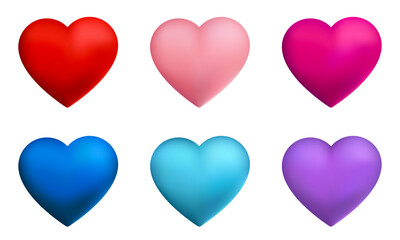 Set of realistic  heart shapes, different colors. Festive colorful decorative 3d render object. Vector heart illustration