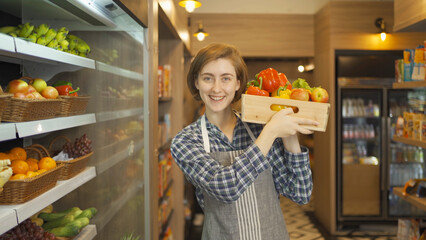Portrait of people working, shopping in a supermarket or retail minimart shop and food on grocery products. Food shopping. People lifestyle. Business service.