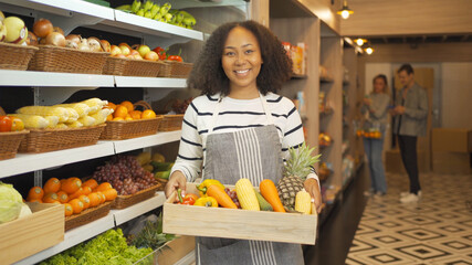 Portrait of people working, shopping in a supermarket or retail minimart shop and food on grocery products. Food shopping. People lifestyle. Business service.