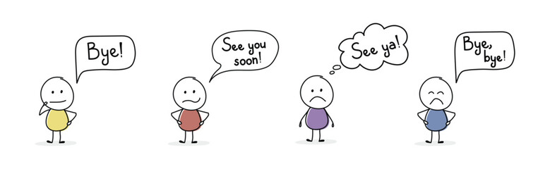 Unhappy cartoon people with text - bye, see ya, see you soon. Vector