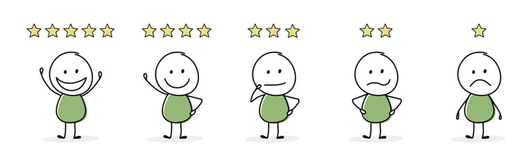 Funny star rating with cartoon stickman. Appraisal design. Vector