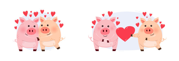 Cute pigs with hearts for Valentine’s Day. Concept of cartoon style animal couple in love. Drawings for invitation, cards, poster. Vector illustration