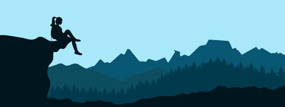 Blue landscape background banner panorama illustration vector drawing - View with black silhouette of mountains, hills, forest trees firs and woman sitting on rock
