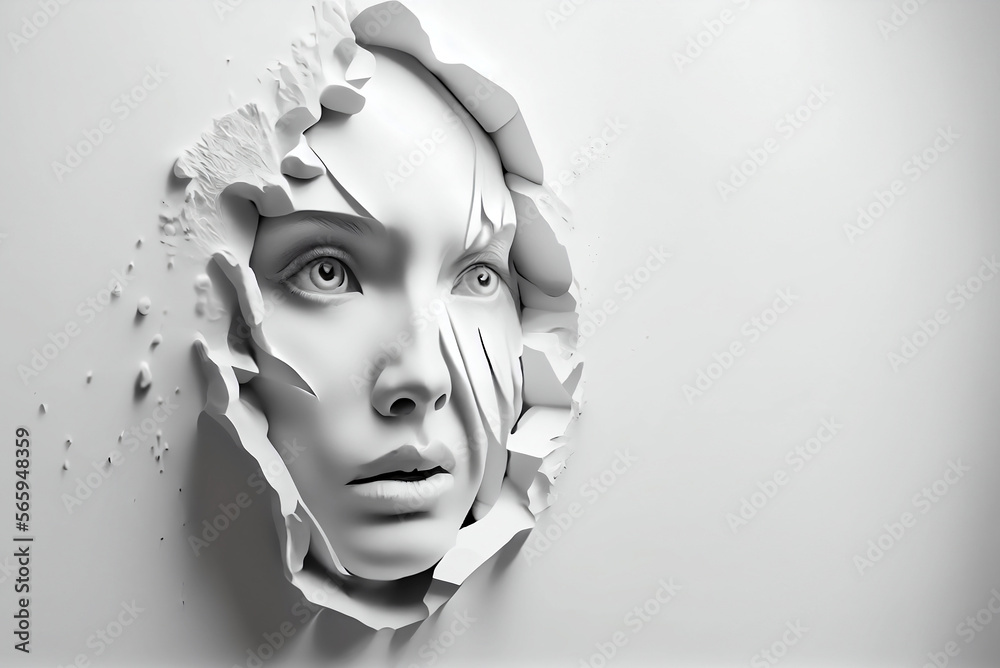 Wall mural illustration of gypsum head breaking wall through