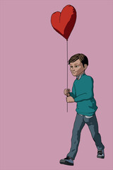 
cartoon young man or children holding heart balloon for valentine's day romance love free style illustration