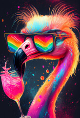 Flamingo Vogel mit Brille und Drink auf Party in Partystimmung. Generative Ai.