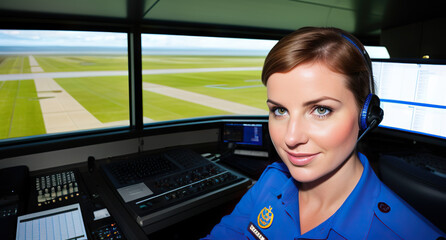 scottish woman as a air traffic controller using a computer in the airport close up portrait 