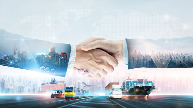 International business logistics transportation teamwork concept, double exposure of handshake partnership import export delivery background and modern futuristic of container cargo freight ship truck