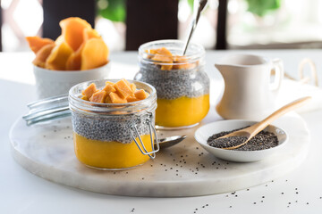 Mango pureed chia pudding snack with diced dried mango on top.
