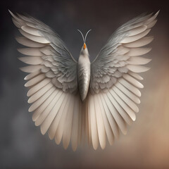 Generative AI: realistic angel wings background with a white wing of a bird