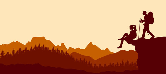 Naklejka na ściany i meble Landscape background banner panorama illustration vector drawing - View with black silhouette of mountains, hills, forest trees firs and two hikers ( woman and man hiking ) on rock