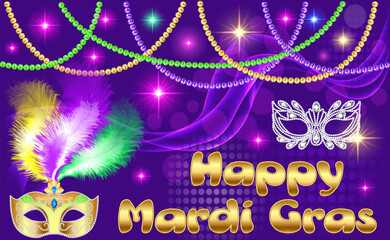 Happy Mardi Gras poster greeting card illustration with carnival mask with rhinestones and feathers