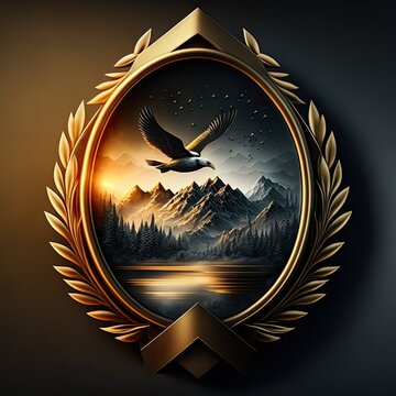 Golden luxury VIP badge or medal with picture of a river, mountains and eagle flying. Generative AI. 