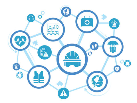 Health Safety And Environment Icon Set And Web Header Banner. Icons Related To Industrial Accident Prevention, Workplace Safety Training, Industrial Regulations, Hazard Warning, Protective Equipment.