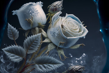 Naklejka na ściany i meble fantasy rose with many green leaves on its branches many crystal clear broken ice white roses blue crystal dew on the roses background,generative ai.