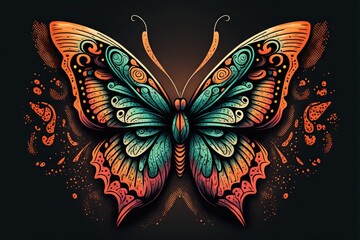 Obraz na płótnie Canvas a colorful butterfly with intricate patterns on it's wings and wings, on a black background, with a red and orange outline on the wings. generative ai