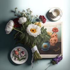  a painting of flowers and a plate with a cup of coffee on a table with a plate of flowers and a cup of coffee on the table.  generative ai