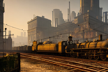 Steampunk City With Industries and Trains 0- Background for Level Design, RPG and Indie Games (AI)
