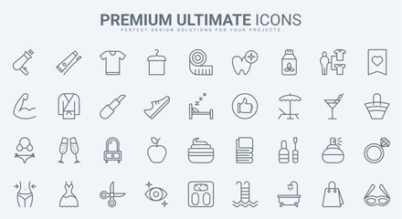 Fashion and beauty, cosmetics thin line icons set vector illustration. Outline health and skin care symbols, perfume and makeup in salon, barbershop and casual shopping, weight control with sports