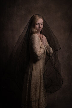 renaissance fine art studio portrait of a sad lonely woman in lace dress under black thin veil in oldmasters style