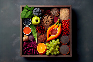 Super Healthy food clean eating selection in wooden box