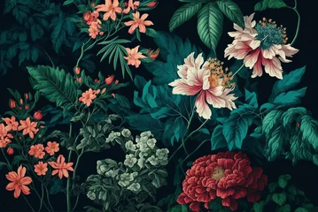 Wandcirkels tuinposter floral botany flowers plants leaves petals flowering blossoming  thriving prolific lush verdant colorful palette Japanese classical painting background,generative ai. © Nokhoog