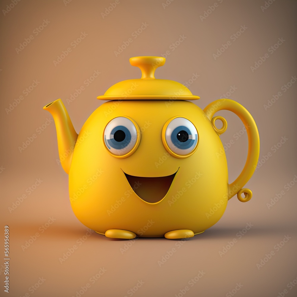 Wall mural Cute Cartoon Yellow Teapot Character (Generative AI)