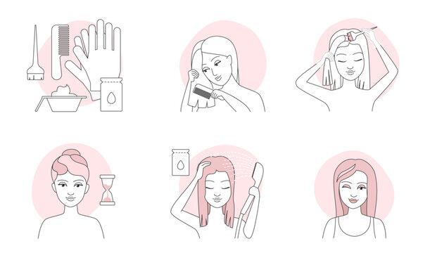 Hair coloring instruction thin line icons set vector illustration. Outline girl using gloves, paint brush and dye packaging to apply cream dye, infographic process to change hair color at home